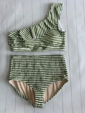 Albion size XL bikini swimsuit one shoulder smocked green stripe two piece ruffl